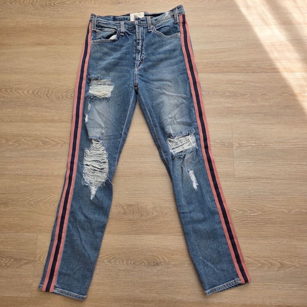 McGuire Size 27 Distressed Tuxedo Stripe High Waist Denim Jeans Made in USA